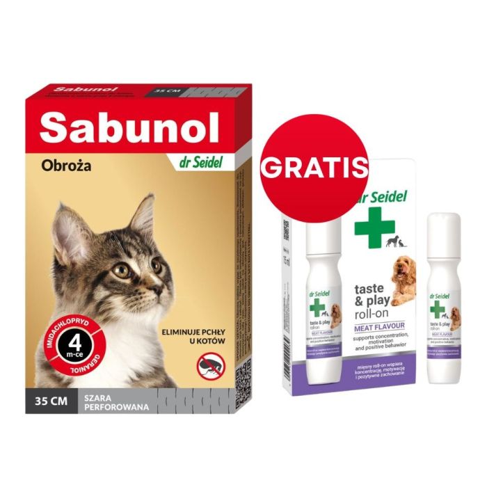 DR SEIDEL Sabunol Obroża przeciw pchłom dla kotów 35 cm szara + DR SEIDEL Taste and Play Roll-on 15 ml GRATIS