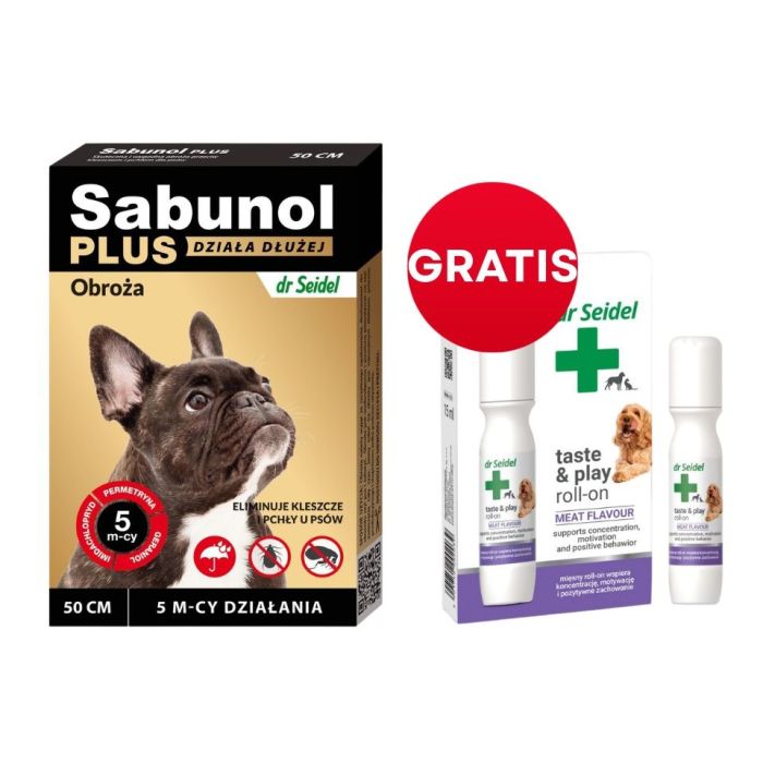 DR SEIDEL Sabunol Plus obroża przeciw pchłom i kleszczom dla psa 50 cm + DR SEIDEL Taste and Play Roll-on 15 ml GRATIS