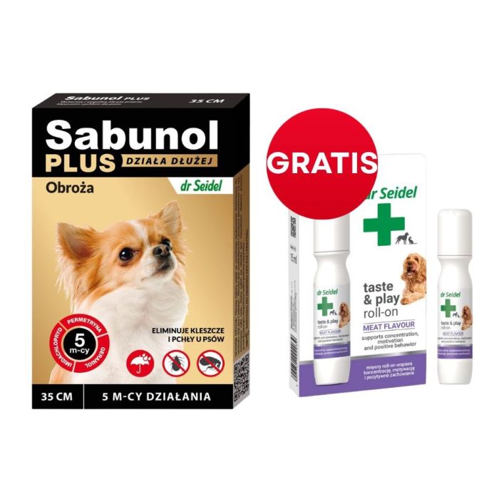 DR SEIDEL Sabunol Plus obroża przeciw pchłom i kleszczom dla psa 35 cm + DR SEIDEL Taste and Play Roll-on 15 ml GRATIS