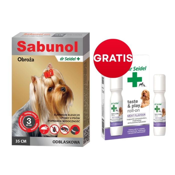 DR SEIDEL Sabunol Obroża odblaskowa dla psów przeciw pchłom i kleszczom 35 cm + DR SEIDEL Taste and Play Roll-on 15 ml GRATIS