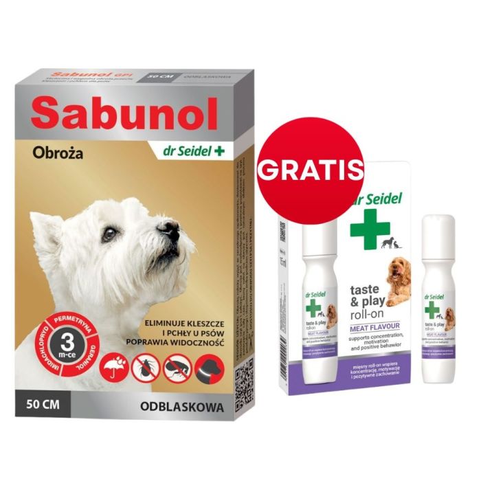 DR SEIDEL Sabunol Obroża odblaskowa dla psów przeciw pchłom i kleszczom 50 cm + DR SEIDEL Taste and Play Roll-on 15 ml GRATIS