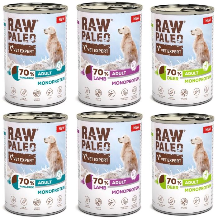 RAW PALEO Monoprotein Adult 6x400g Mix Smaków, mokra karma dla psów