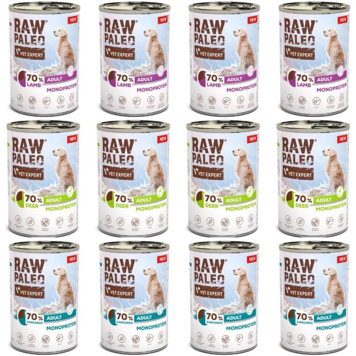 RAW PALEO Monoprotein Adult 12x400g Mix Smaków, mokra karma dla psów