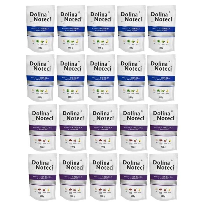 DOLINA NOTECI Premium Mix smaków Bogata w królika z żurawiną i dorsza z brokułami 20x500 g