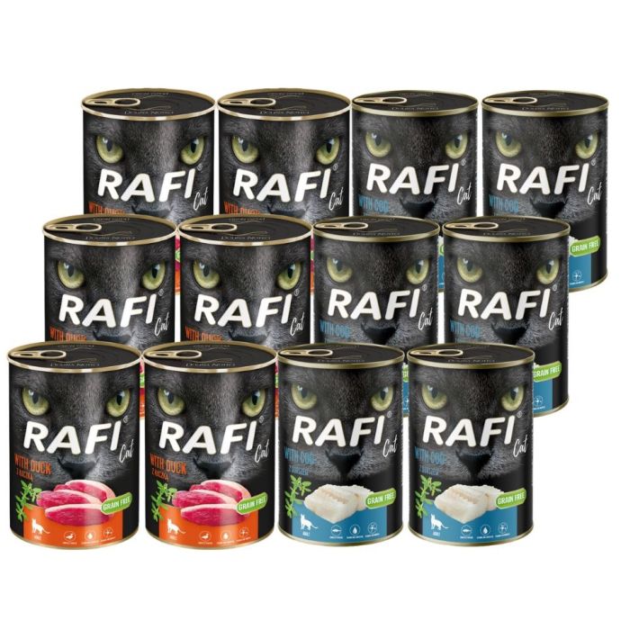 RAFI Cat Adult Mix smaków 12x400 g z dorszem i z kaczką, mokra karma dla kotów