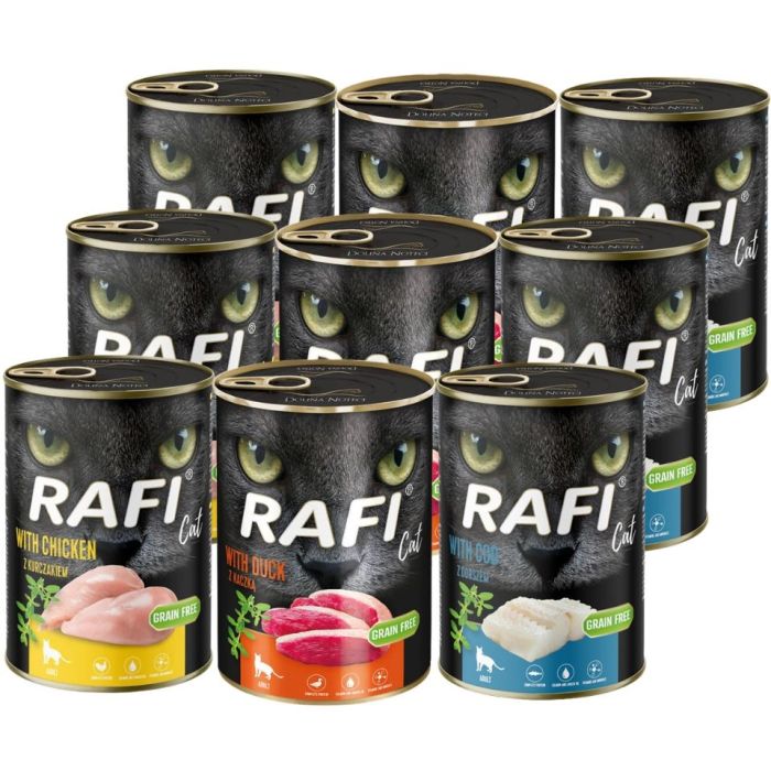 RAFI Cat Adult Mix smaków 9x400 g z dorszem, kurczakiem i z kaczką, mokra karma dla kotów