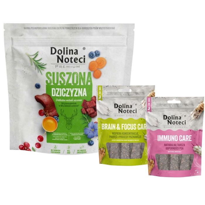 DOLINA NOTECI Premium Dziczyzna karma suszona 1 kg + Smart Chews Brain & Focus Care i Immuno Care 2x100 g przysmaki dla psów