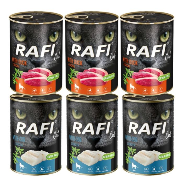 RAFI Cat Adult Mix smaków 6x400 g z dorszem i z kaczką, mokra karma dla kotów