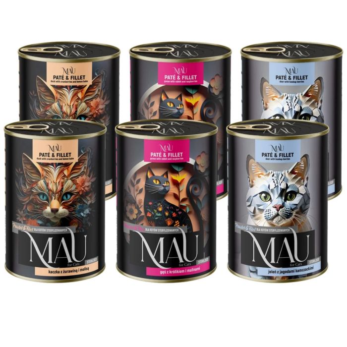 MAU Pasztet i Filet Mix smaków Kaczka, gęś z królikiem i jeleń 6x400 g dla kota sterylizowanego