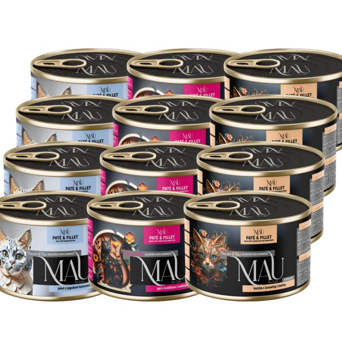 MAU Pasztet i Filet Mix smaków Kaczka, gęś i jeleń 12x185 g mokra karma dla kota sterylizowanego