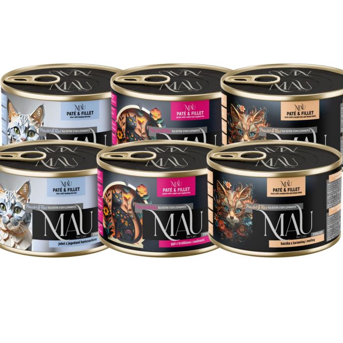 MAU Pasztet i Filet Mix smaków Kaczka, gęś i jeleń 6x185 g mokra karma dla kota sterylizowanego