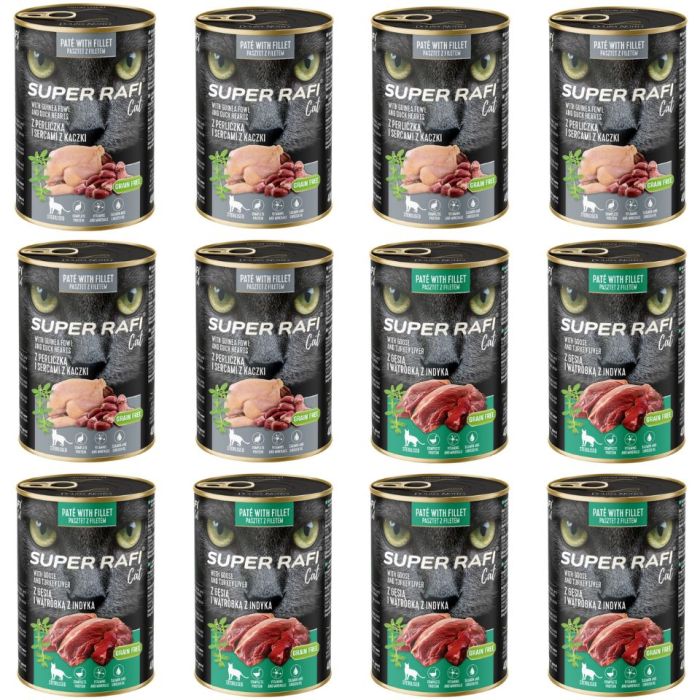 SUPER RAFI Cat Mix 2 smaków 12x400g mokra karma dla kotów sterylizowanych
