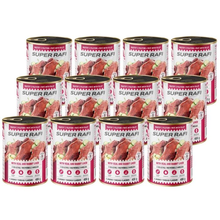 SUPER RAFI z cielęciną i wątróbką z królika 12x400 g mokra karma dla psa