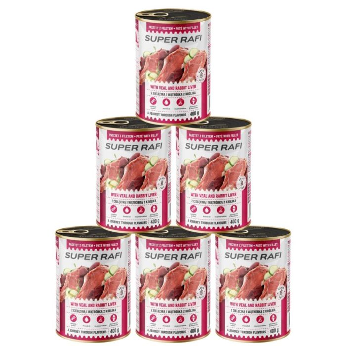 SUPER RAFI z cielęciną i wątróbką z królika 6x400 g mokra karma dla psa