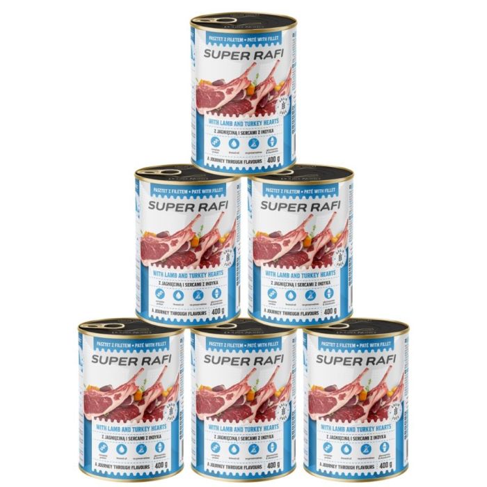 SUPER RAFI z jagnięciną i sercami indyka 6x400 g mokra karma dla psa