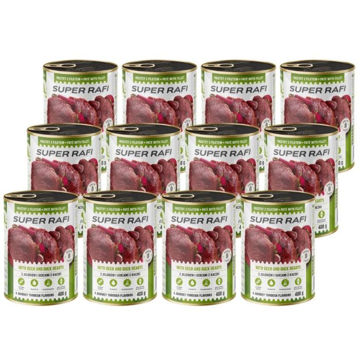 SUPER RAFI z jeleniem i sercami z kaczki 12x400 g mokra karma dla psa
