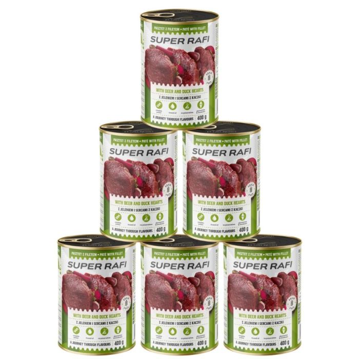SUPER RAFI z jeleniem i sercami z kaczki 6x400 g mokra karma dla psa