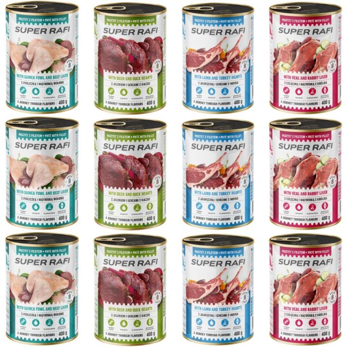 SUPER RAFI Mix 4 Smaków 12x400 g mokra karma dla psa