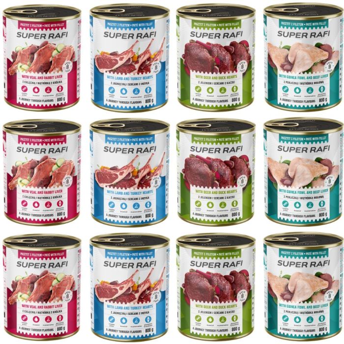 SUPER RAFI Mix 4 smaków 12x800g pasztet dla psów