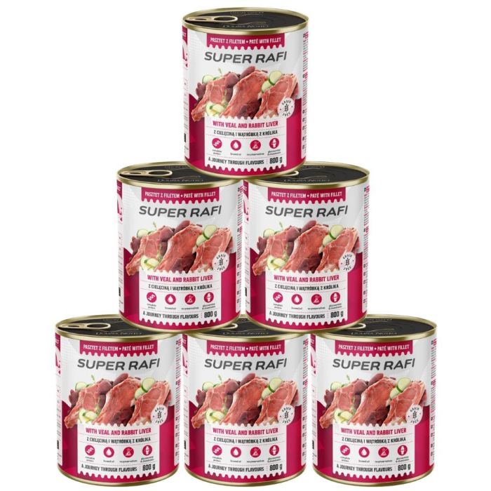 SUPER RAFI z cielęciną i wątróbką z królika 6x800g pasztet dla psów