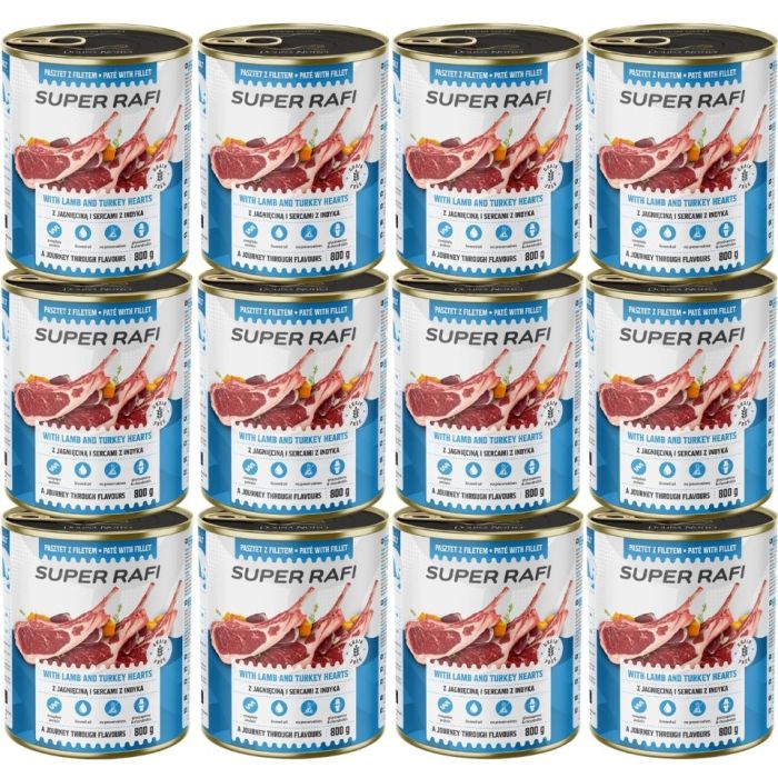SUPER RAFI z jagnięciną i sercami z indyka 12x800g pasztet dla psów