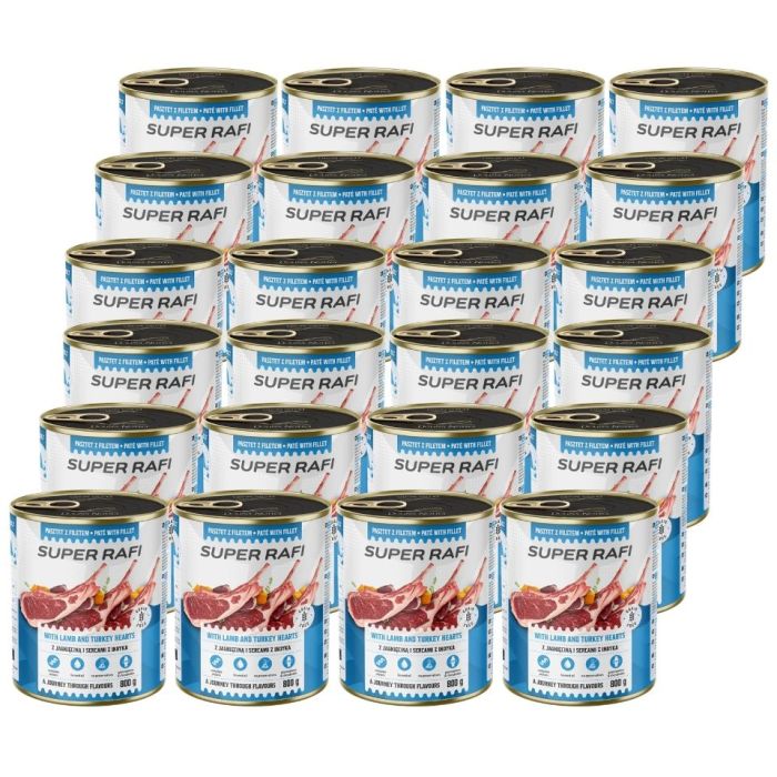 SUPER RAFI z jagnięciną i sercami z indyka 24x800g pasztet dla psów