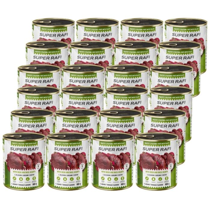 SUPER RAFI z jeleniem i sercami z kaczki 24x800g pasztet dla psów
