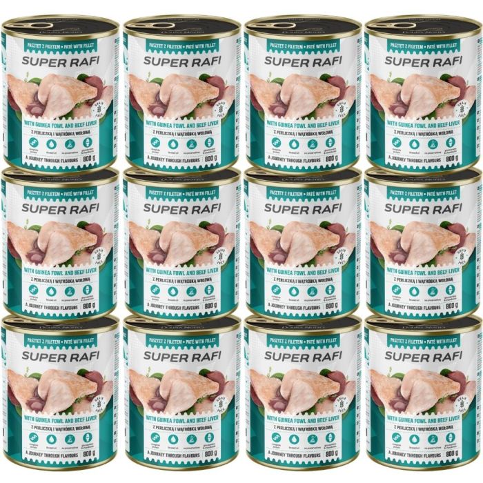 SUPER RAFI z perliczką i wątróbką wołową 12x800g pasztet dla psów 
