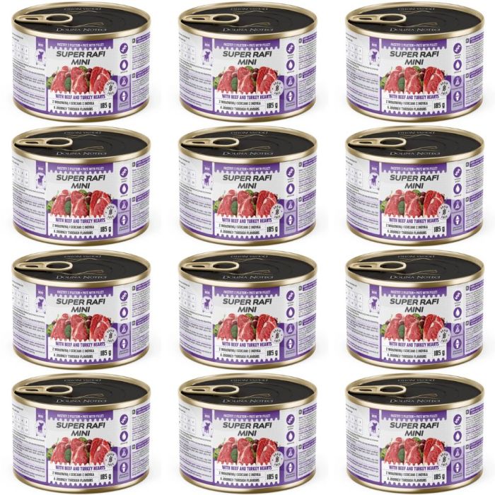 SUPER RAFI Mini z wołowiną i sercami z indyka 12x185g mokra karma dla psów małych ras