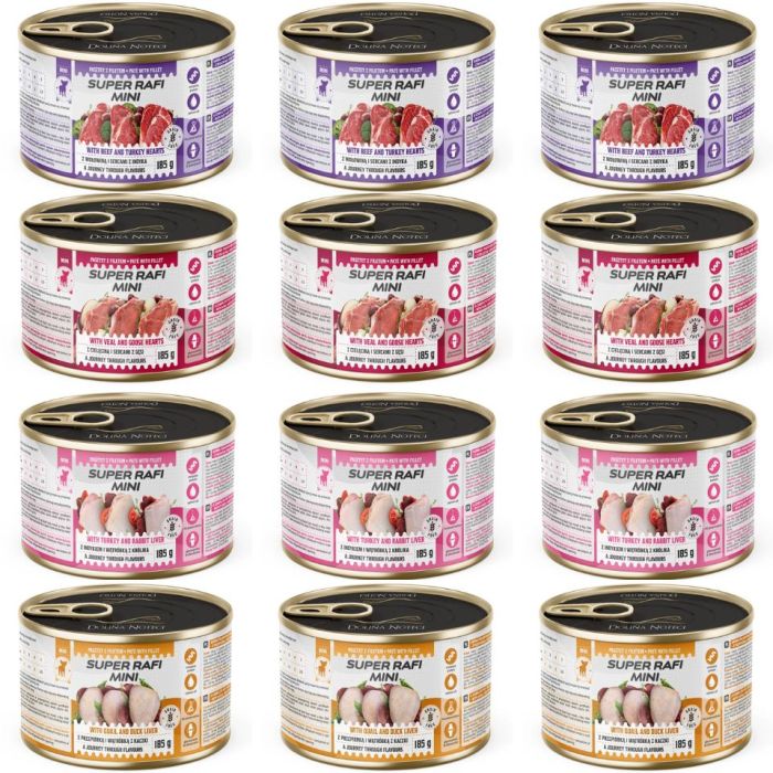 SUPER RAFI Mini Mix 4 Smaków 12x185g mokra karma dla psów małych ras