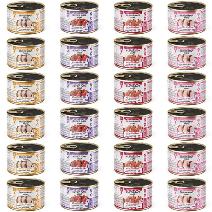 SUPER RAFI Mini Mix 4 Smaków 24x185g mokra karma dla psów małych ras