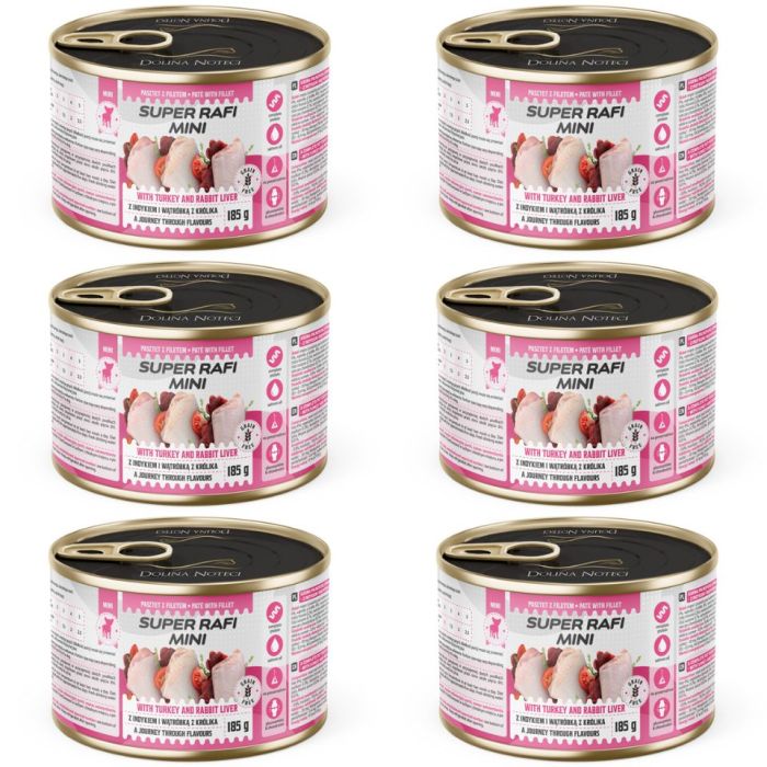 SUPER RAFI Mini z indykiem i wątróbką z królika 6x185g mokra karma dla psów małych ras