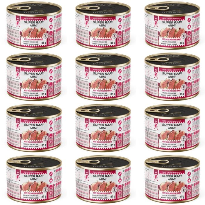 SUPER RAFI Mini z cielęciną i sercami z gęsi 12x185g mokra karma dla psów małych ras