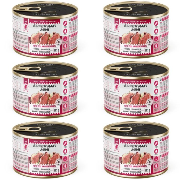 SUPER RAFI Mini z cielęciną i sercami z gęsi 6x185g mokra karma dla psów małych ras
