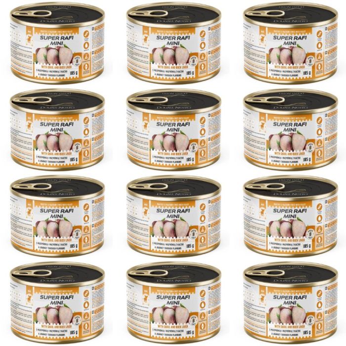 SUPER RAFI Mini z przepiórką i wątróbką z kaczki 12x185g mokra karma dla psów małych ras