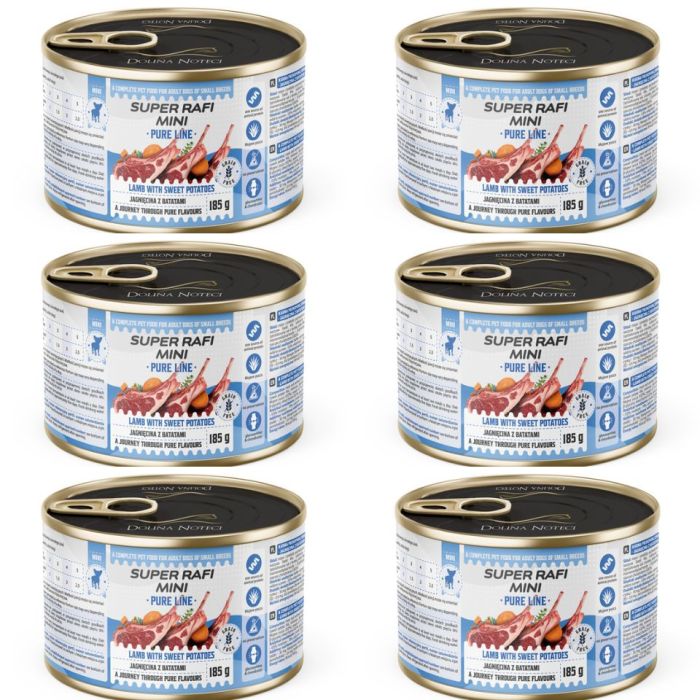 SUPER RAFI Mini Pure Line z jagnięciną i batatami 6x185g mokra karma dla psów małych ras