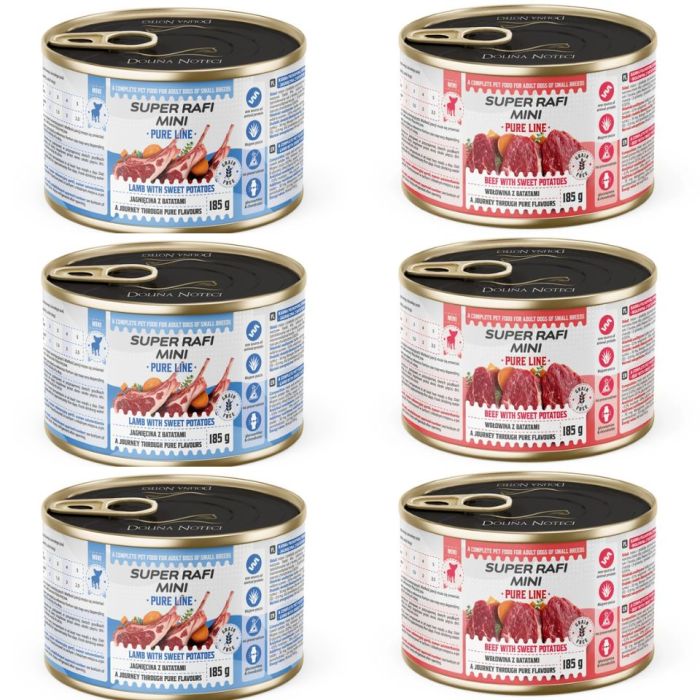 SUPER RAFI Mini Pure Line mix 2 smaków z batatami 6x185g mokra karma dla psów małych ras