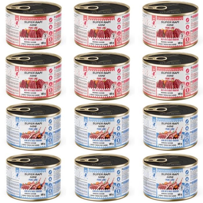 SUPER RAFI Mini Pure Line mix 2 smaków z batatami 12x185g mokra karma dla psów małych ras