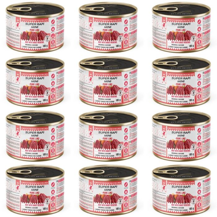 SUPER RAFI Mini Pure Line z wołowiną i batatami 12x185g mokra karma dla psów małych ras