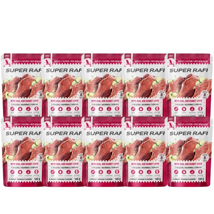 SUPER RAFI z cielęciną i wątróbką z królika dla psa 10x500 g mokra karma dla psów
