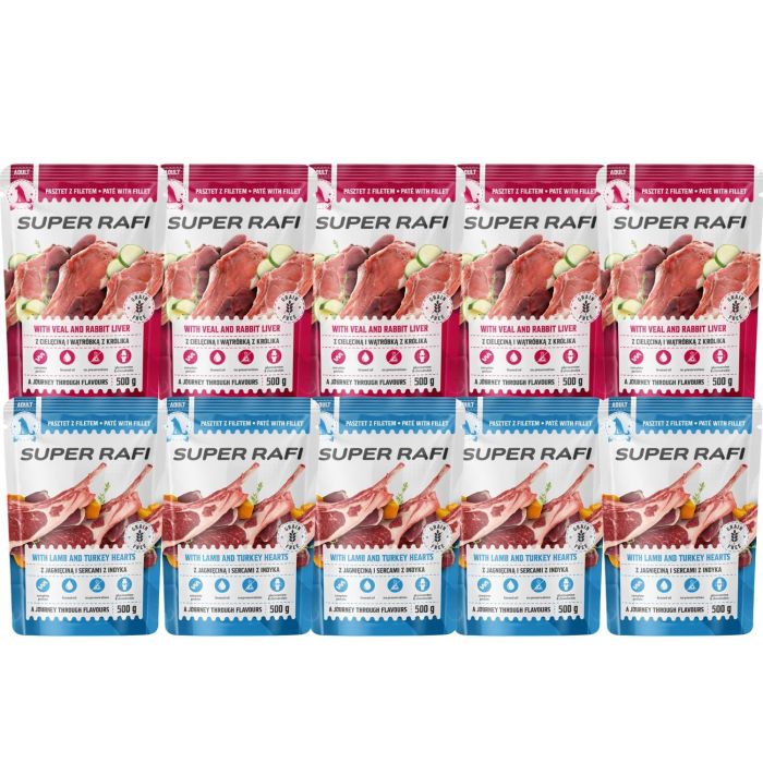 SUPER RAFI Mix smaków z jagnięciną i cielęciną 10x500 g mokra karma dla psów