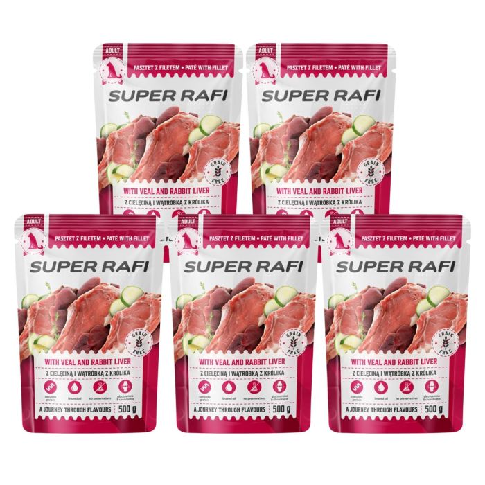 SUPER RAFI z cielęciną i wątróbką z królika dla psa 5x500 g mokra karma dla psów
