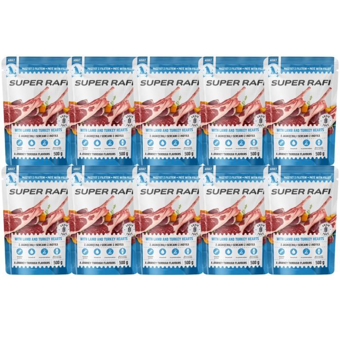 SUPER RAFI z jagnięciną i sercami z indyka 10x500 g mokra karma dla psów