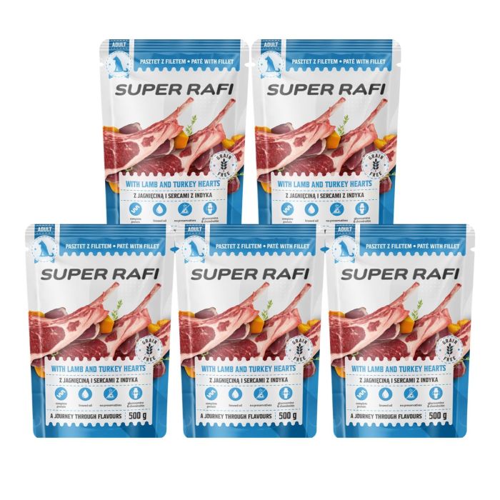 SUPER RAFI z jagnięciną i sercami z indyka 5x500 g mokra karma dla psów