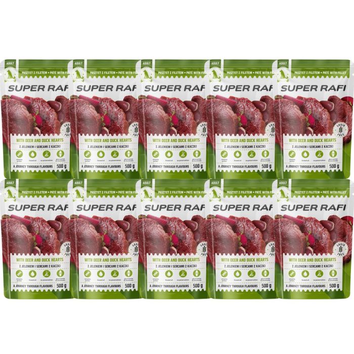 SUPER RAFI z jeleniem i sercami z kaczki 10x500 g mokra karma dla psów