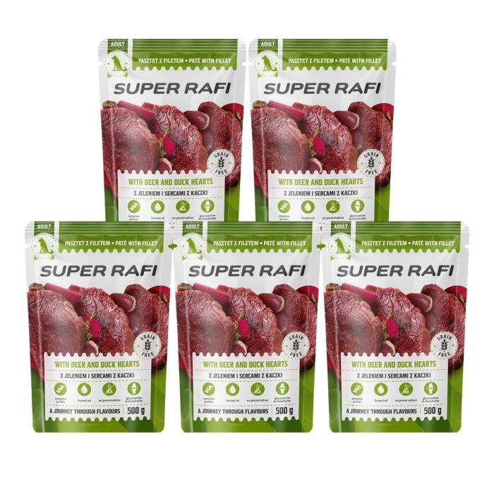 SUPER RAFI z jeleniem i sercami z kaczki 5x500 g mokra karma dla psów