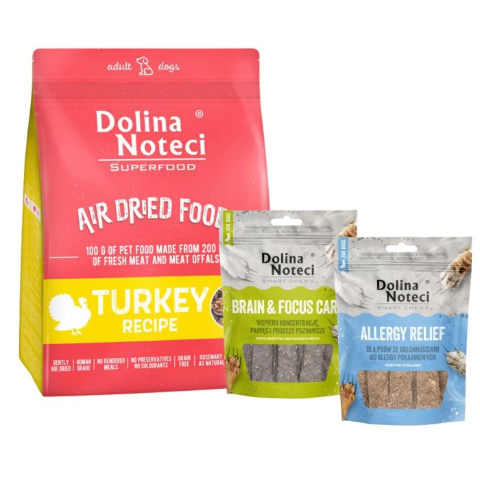 DOLINA NOTECI Superfood Danie z indyka karma suszona 1 kg + Smart Chews Allergy Relief i Brain & Focus Care 2x100 g przysmaki dla psów