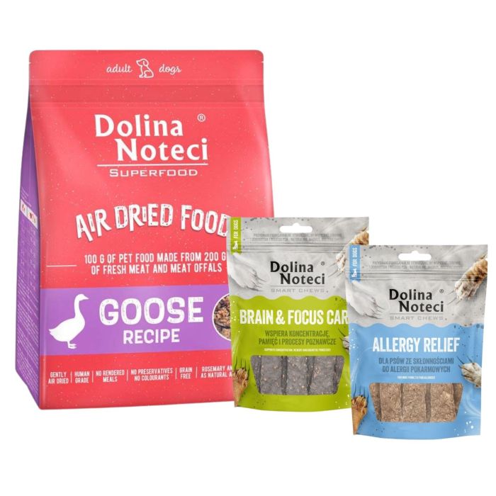 DOLINA NOTECI Superfood Danie z gęsi karma suszona 1 kg + Smart Chews Allergy Relief i Brain & Focus Care 2x100 g przysmaki dla psów