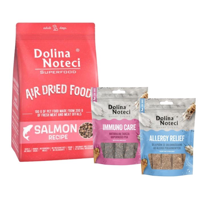 DOLINA NOTECI Superfood Karma suszona z łososia 1kg + Smart Chews Allergy Relief i Immuno Care 2x100 g przysmaki dla psów