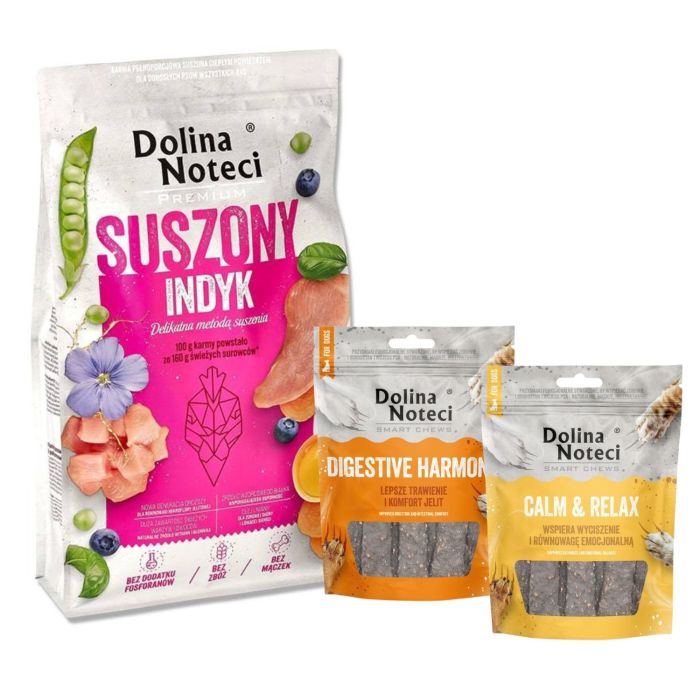 DOLINA NOTECI Premium Suszony indyk karma dla psa 9 kg + Smart Chews Calm & Relax i Digestive Harmony 2x100 g przysmaki dla psów